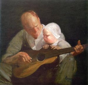 Man And Child With Guitar (also Known As Portrait Of The Artist's Brother With His Son) — George Benjamin Luks