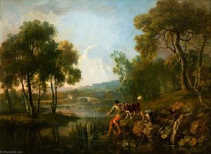 Landscape With Two Boys And A Dog By A River — George Barret Yaşlı