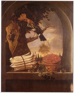 English Asparagus, Gooseberries And Strawberries In A Window, With A View Of A Bird In A Tree — After Adriaen Coorte