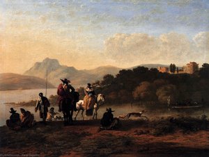 Italian Landscape With Elegant Riders And Fishermen — Karel Dujardin