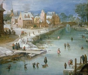 Skaters On A Frozen River Alongside A Town — Joos De Momper