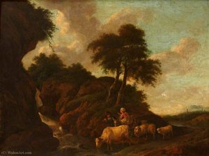 Landscape With A Waterfall, Peasants And Animals — Christian Wilhelm Ernst Dietrich Dietrich