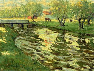 Horses Grazing By A Stream — Ernest Lawson