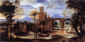 Paesaggio Di Un Fiume Romano Con Castello E Ponte — Annibale Carracci