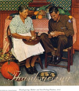 Madre E Hijo Pelando Patatas En Acción De Gracias — Norman Rockwell