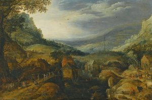 Mountain Landscape With Country Folk Dancing And Merrymaking — Joos De Momper The Younger