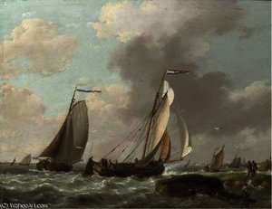 Shipping By A Coast In A Brisk Wind — Johannes Hermanus Koekkoek