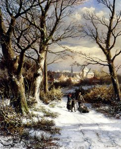 Barend Figures On A Snowy Road — Johannes Hermanus Koekkoek