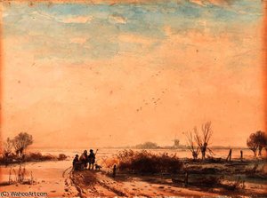 Travellers On A Frozen River In A Winter Landscape — Andreas Schelfhout