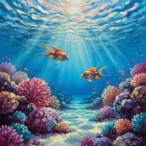 Ethereal Descent: A Singular Vision Of Golden Radiance Amidst Cerulean Reefs — Laurent Blanc