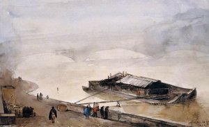 Quay Of The Seine With Barge, Fog Effect — François Marius Granet
