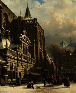 View Of The Hoofdwacht And The Grote Kerk, Zwolle, The Netherlands — Cornelis Springer
