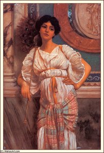 A Classical Beauty With A Peacock Fan — R.b.a John William Godward