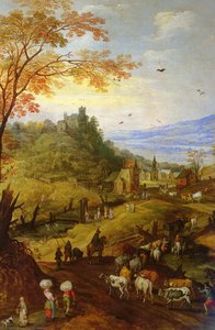 A Rocky Landscape With Cattle On A Road — Joos De Momper