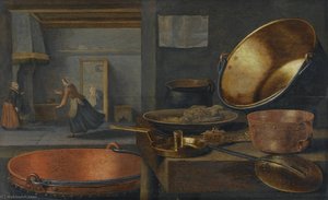 A Kitchen Still Life With Pots And Pans On A Stone Ledge And Animated Figures In The Background — Floris Van Schooten