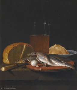 Still Life With Mackerel, Bread, A Pewter Plate And A Glass Of Beer On A Table — Simon Luttichuijs