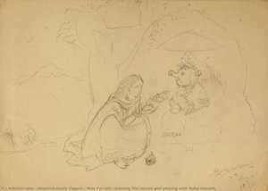 Maa Parvati, Showing The Mouse And Playing With Baba Ganesh — Abanindranath Tagore