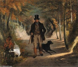 A Sportsman With Gundogs On A Woodland Path — James William Giles