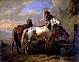 Horses Drinking At A Fountain — Pieter Van Bloemen