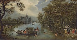 Summer A River Landscape With Elegant Company Desporting In A Boat And On The Banks, A Castle Beyond — Adriaen Pietersz Van De Venne