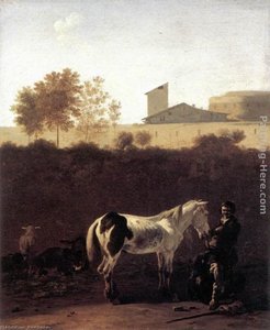 Italian Landscape With Herdsman And A Piebald Horse — カレル・デュイハルディン