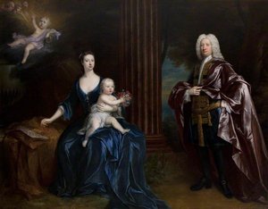 Sir Nathaniel Curzon (1676–1758), 4th Bt Curzon, With His Wife, Mary Assheton (1695–1776), Lady Curzon, And Their Son Nathaniel (1726–1804), Later Nathaniel Curzon, 1st Baron Scarsdale, With Their Dead Son John Curzon (1719–1720), In The Clouds Above — Jonathan Richardson Starší