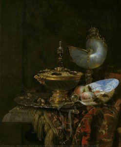 Pronk Still Life Med Holbein Skål, Nautilus Kopp Och Glas Gobet Och Fruktskåp — Willem Kalf