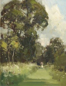 Anglesey Abbey Gardens, With A Lady In White On A Grass Path, Holding A Parasol — Edward Brian Seago