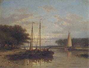 Sailing Vessels On A Calm River At Dusk — Abraham Hulk Senior