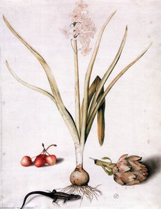 Hyacinth With Four Cherries, A Lizard, And An Artichoke — Giovanna Garzoni