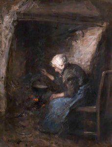Interior With Old Woman At A Hearth — Robert Gemmell Hutchison