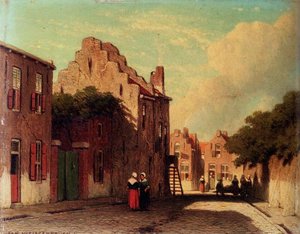 A Sunlit Townview With Figures Conversing — Johan Hendrik Weissenbruch