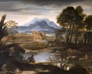 Landscape With A Lake And A Walled Town — Pietro Da Cortona