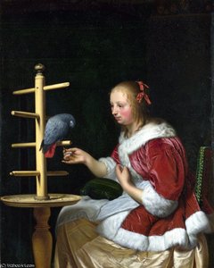 A Woman In A Red Jacket Feeding A Parrot — Frans Van Mieris