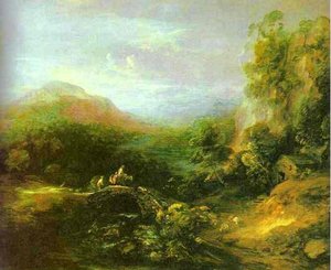Mountain Landscape With Peasants Crossing A Bridge — Thomas Gainsborough