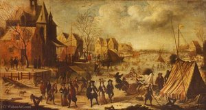 An Imaginary Winter Scene With People Amusing Themselves Upon A Frozen River With Tents And A Sleigh — Jan Wyck