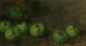 Green Apples On A Bamboo Table — Lawrence Gowing