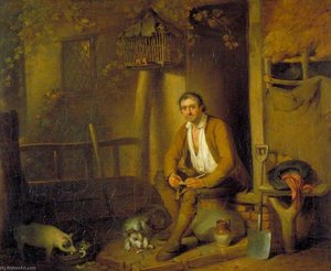 A Cottage Exterior A Seated Labourer Filling His Pipe — William Redmore Bigg