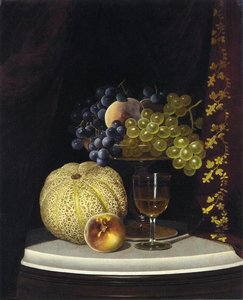 Still Life With Melon, Peach, Fruit-filled Compote And Glass Of Wine On A Marble Table Top — William Mason Brown