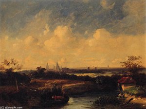 Figures On A Hay Barge With Windmills And A Church Beyond — James Stark