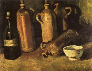 Still Life Z Czterema Kamiennymi Butelkami, Flaszką I Białą Filiżanką — Vincent Willem Van Gogh