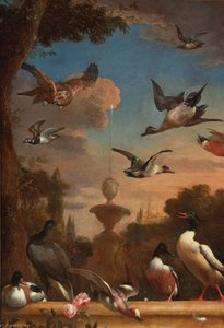 A Classical Garden Landscape With A Mallard, A Golden Eagle And Other Wild Fowl In Flight — Melchior De Hondecoetter