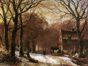 Horse And Carriage At Inn Sun — Andreas Schelfhout