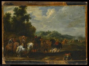 Arrêt De Cavaliers Avec Bataille Au Loin — Adam Frans Van Der Meulen
