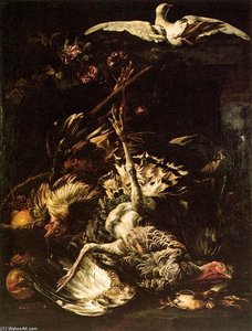 Still-life With Turkey, Fruit And Flying Pigeon — Baldassarre De Caro