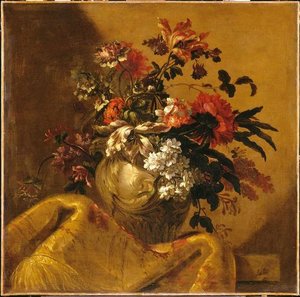 Fleurs Dans Un Vase De Marbre Blanc Sur Un Tapis De Brocart — Jean-baptiste Monnoyer