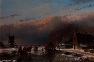 A Winter Landscape With Skaters On A Frozen Waterway By A Windmill — Andreas Schelfhout