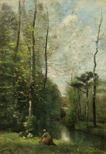 Un Arroyo Bajo Los Árboles Con Una Casa A Lo Lejos — Jean-baptiste-camille Corot