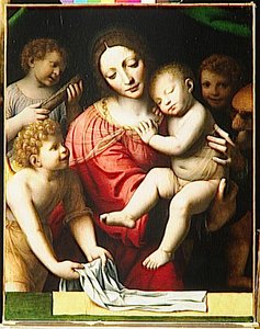 Le Sommeil De L'enfant Jesus Ou La Vierge Tenant L'enfant Endormi, Accompagnee De Trois Anges — Bernardino Luini