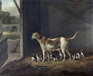 A Foxhound Bitch With Her Litter In A Kennel — William Webb